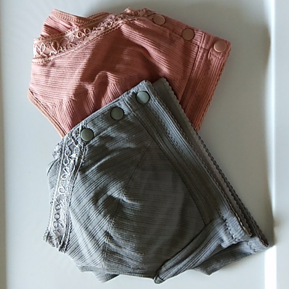 Bundle Two Lace Trimmed Snap Front Bras One Rose One Grayish Blue